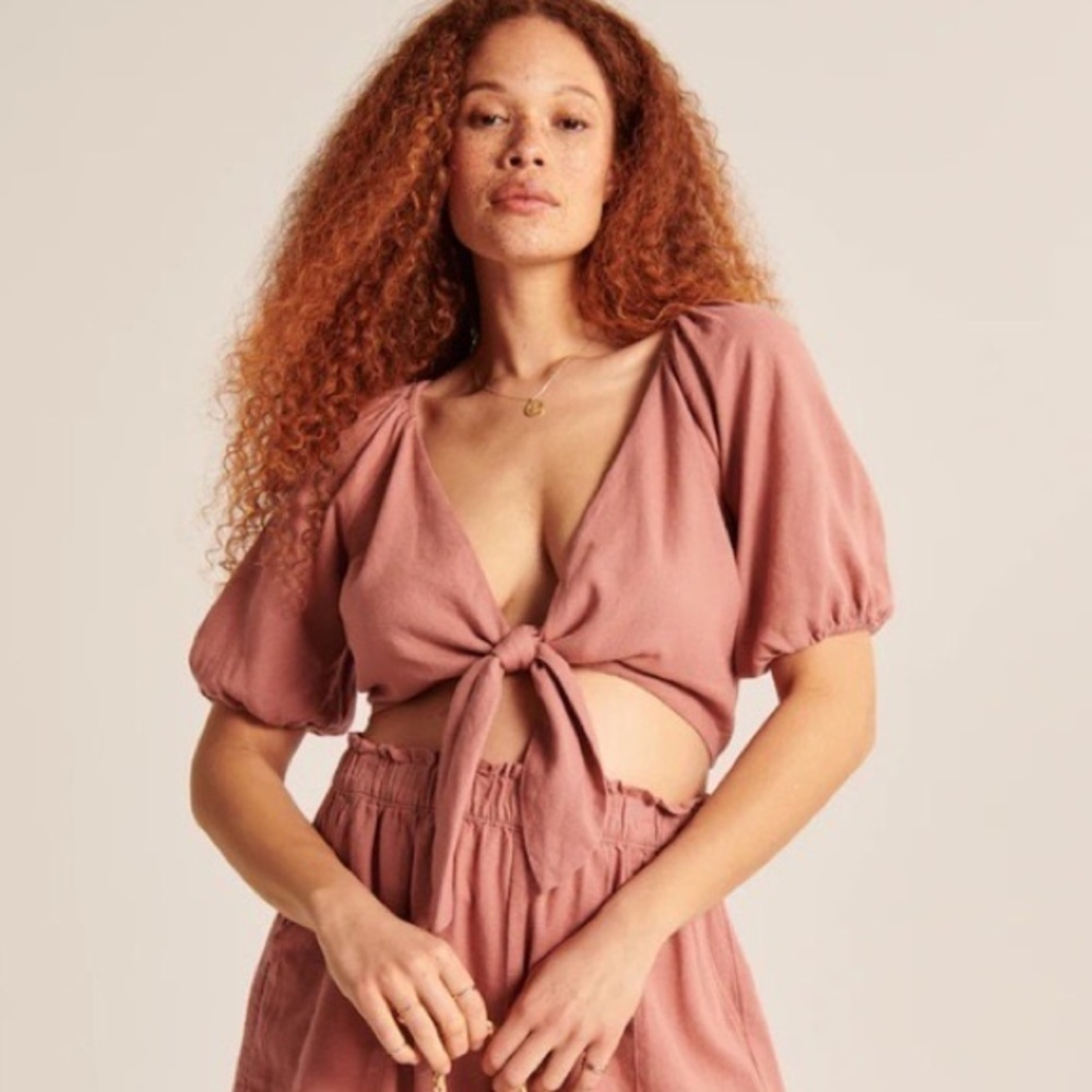 Abercrombie & Fitch Crop Tie Front Linen Top